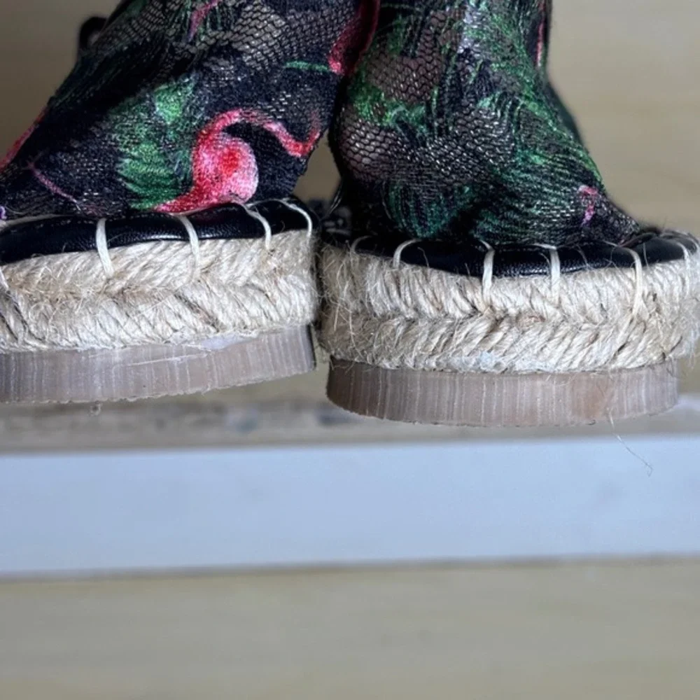 Mei Qi‎ Yi Ku Women Flamingo Tropical Lace Mesh Espadrille Flats Black Green 39